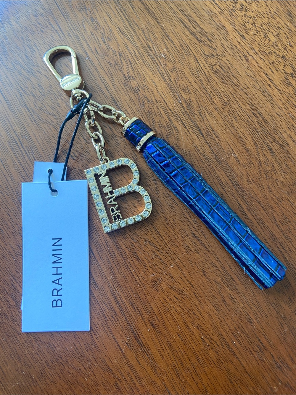 Brahmin Blue Croc-Embossed Tassel Keychain with Gold 'B' Charm